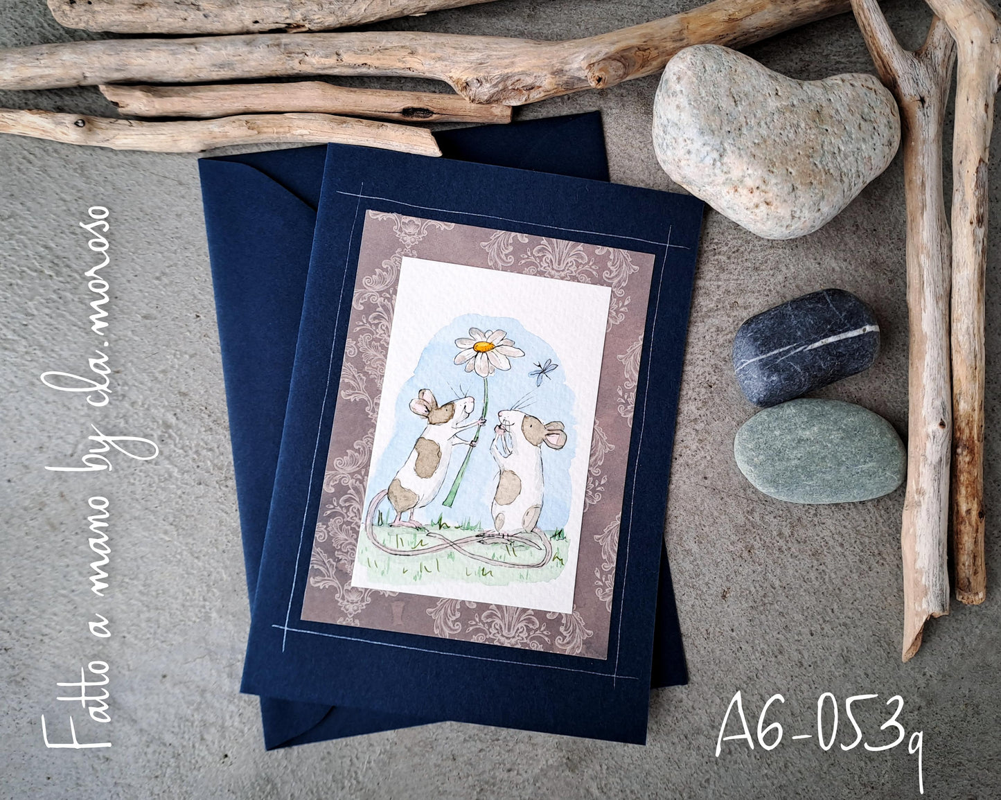 Biglietto con topini e margherita (A6-053q)