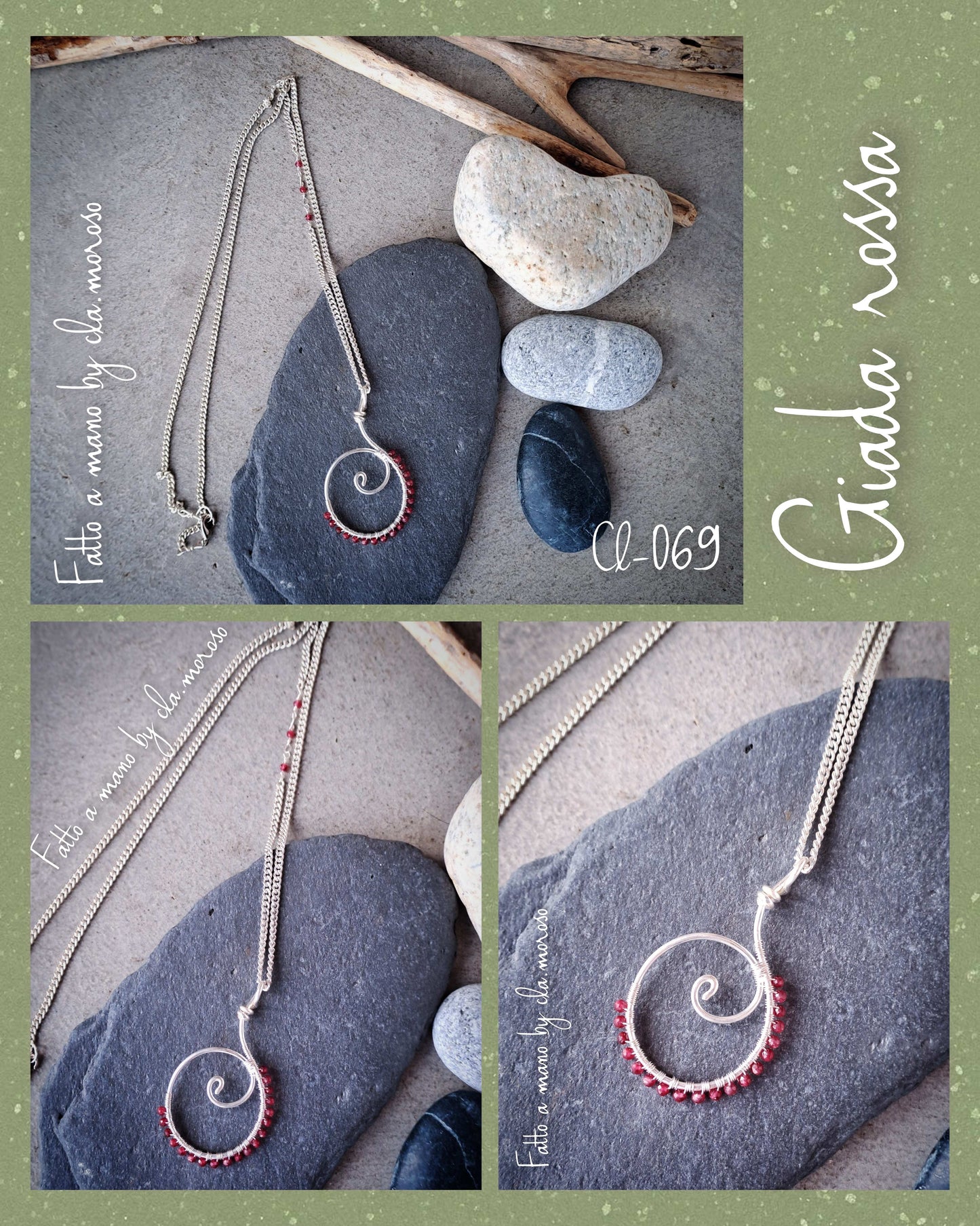 Collana rame argentato e Giada rossa (cl-069)