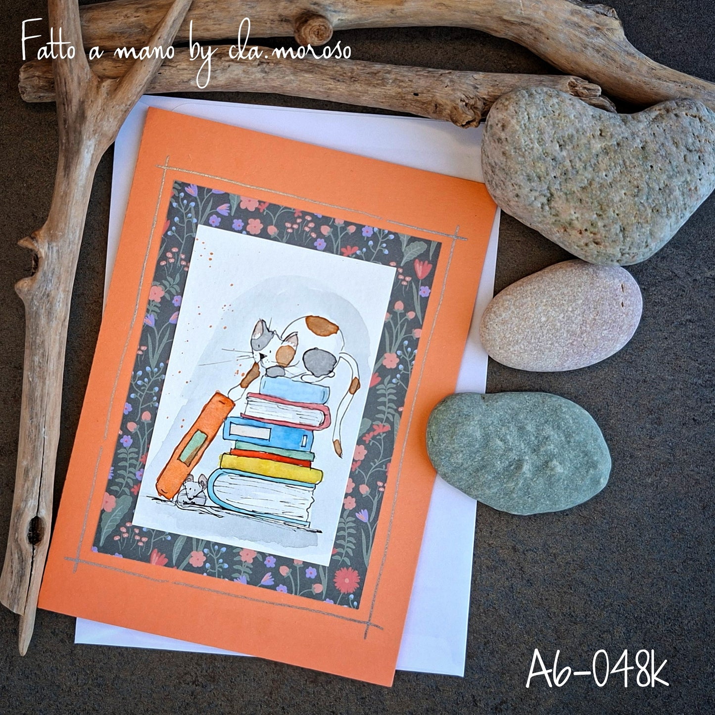 Biglietto con gatto&libri A6-048k