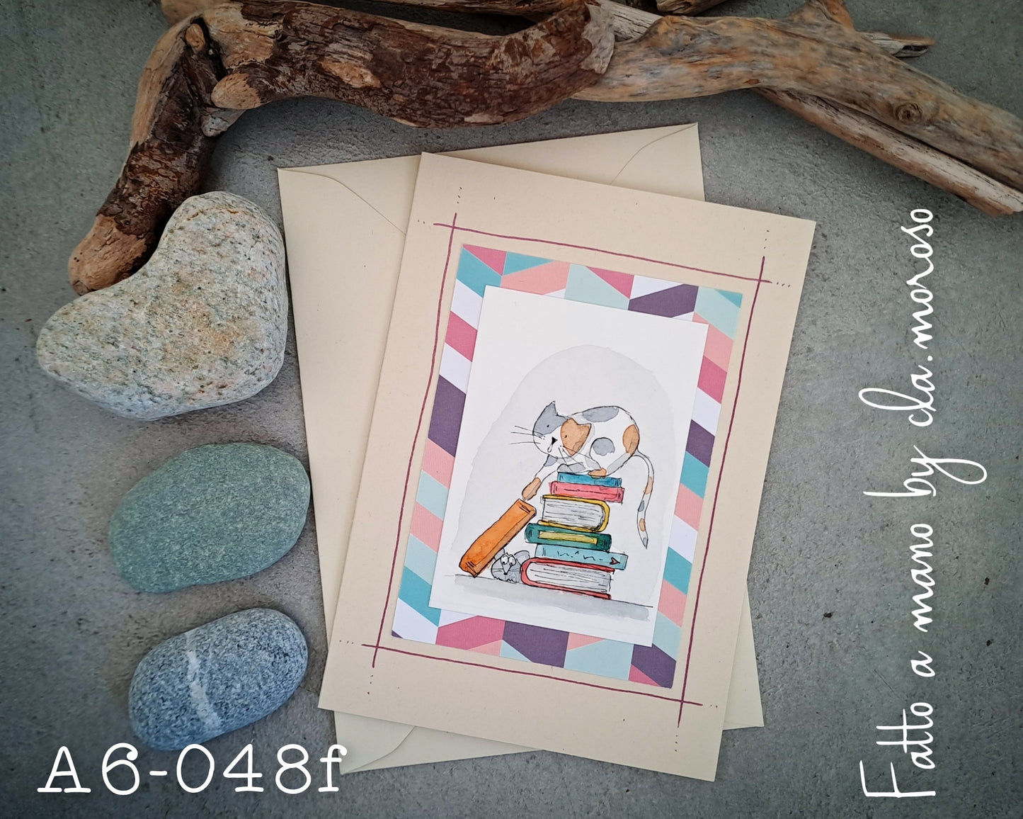 Biglietto con gatto&libri (A6-048f)