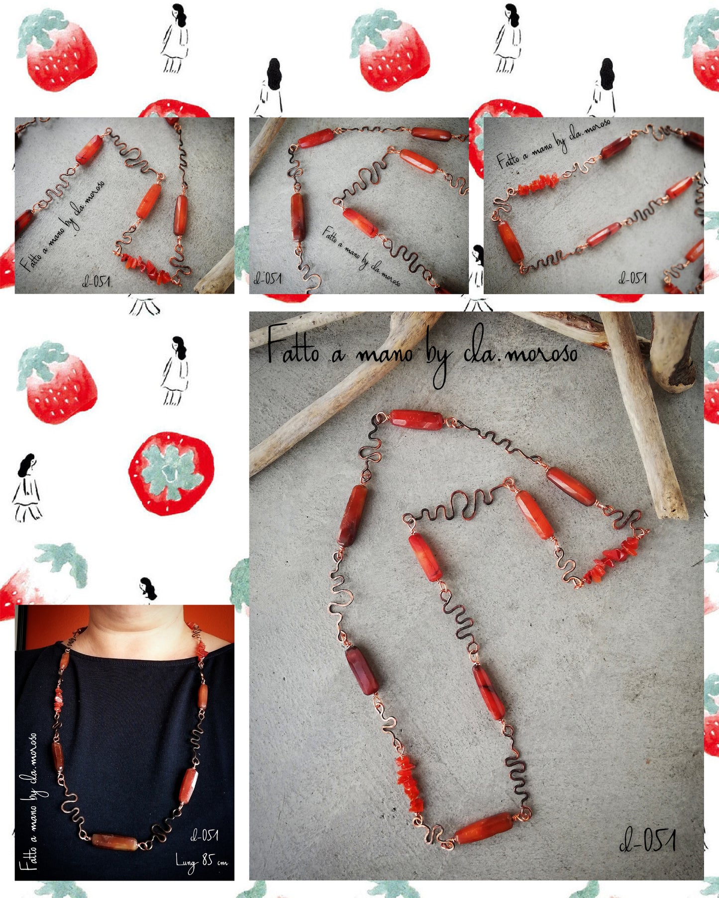 Collana lunga in rame e corniola (cl-051)