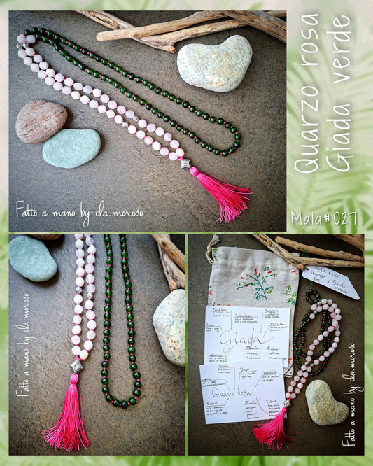Mala#027 quarzo rosa e giada verde