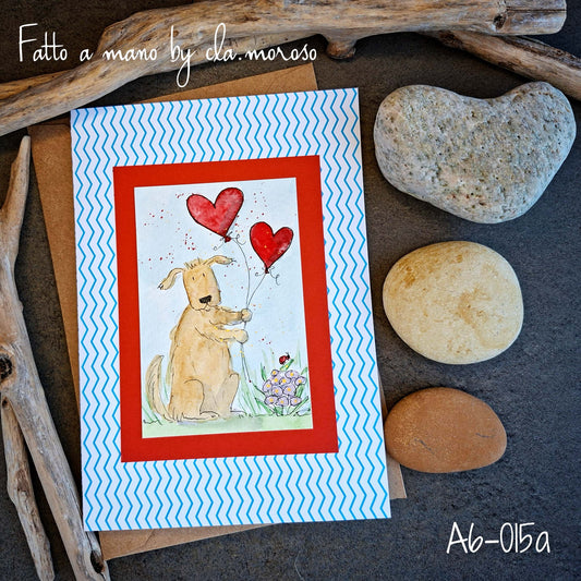 Biglietto con cane e cuori A6-015a