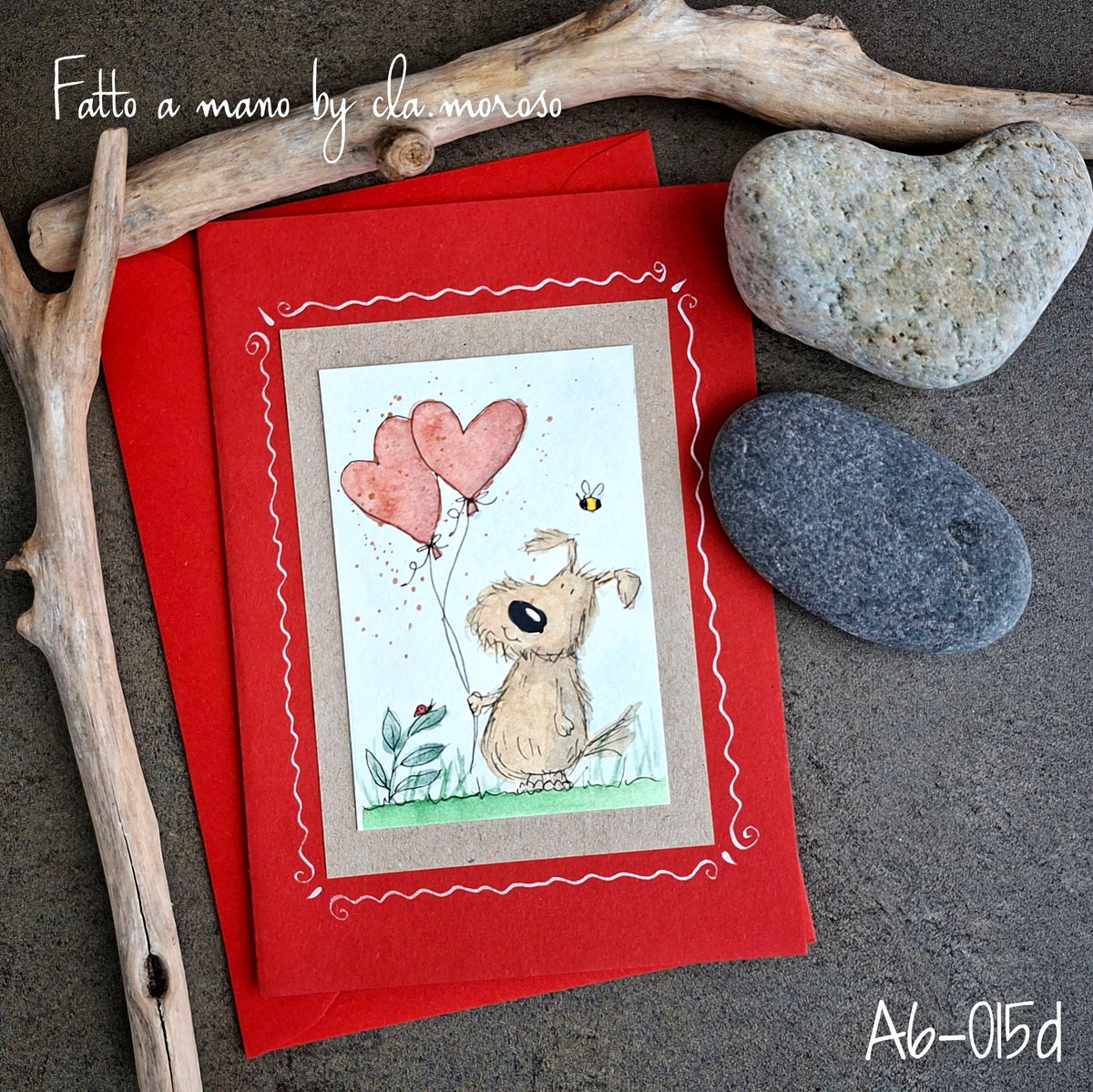 Biglietto con cane e cuori A6-015d