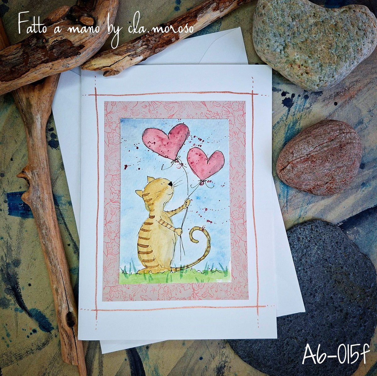 Biglietto con gatto e cuori A6-015f