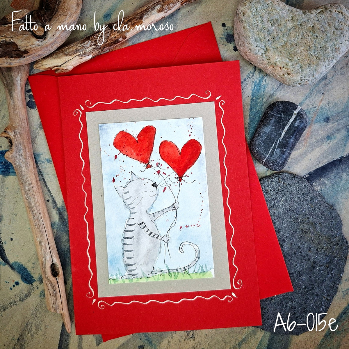 Biglietto con gatto e cuori A6-015e